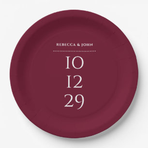 Burgundy Minimalist Special Date Wedding Paper Plate