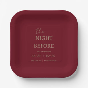 Burgundy Minimalist The Night Before Wedding Party Paper Plate