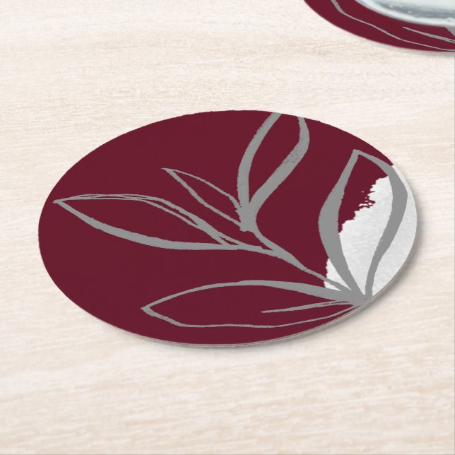 Burgundy Minimalist Watercolor Leaves Round Paper Coaster (Angled)