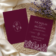 Burgundy Minimalist Wildflower Wedding Monogram 