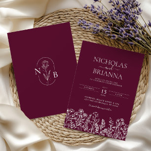 Burgundy Minimalist Wildflower Wedding Monogram  Invitation