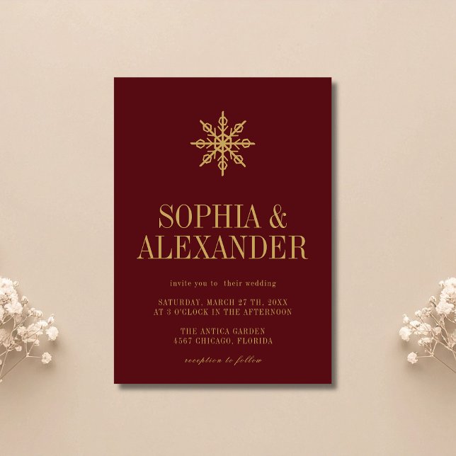 Burgundy Minimalist Winter Snowflake Wedding Invitation (Creator Uploaded)