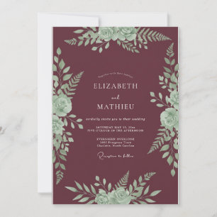 Burgundy Mint Bloom Wedding Invitation