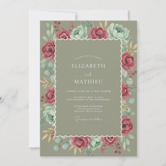 Burgundy Mint Botanical Romance Wedding Invitation (Front)