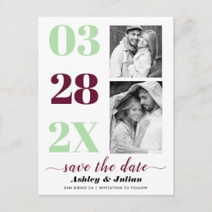 Burgundy, mint green two photo Save the Date Postcard