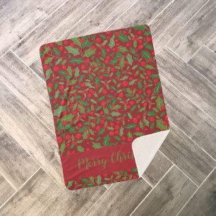 Burgundy Mistletoe Merry Christmas Holiday Sherpa Blanket