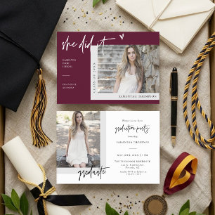 Burgundy Modern Boho She Did It Grad Photo Invite