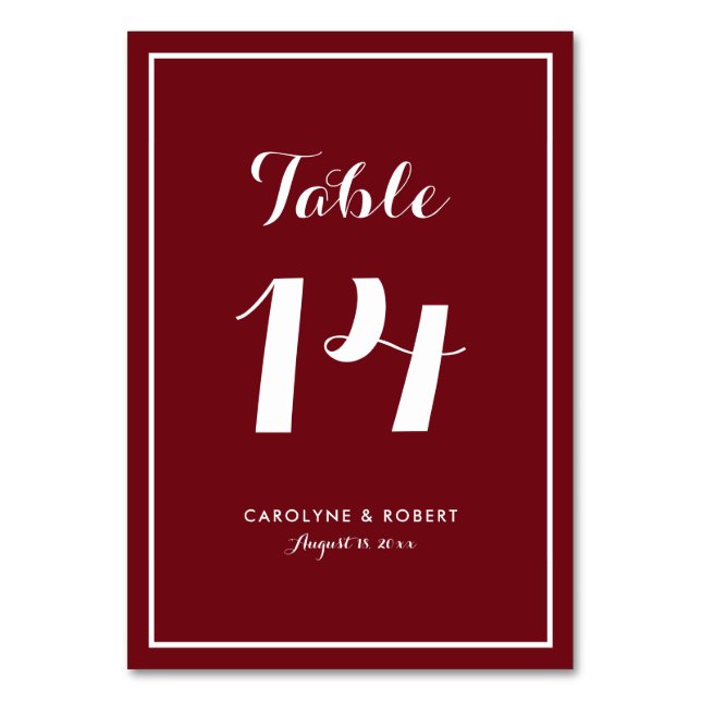 Burgundy Modern Calligraphy Wedding Table Number (Front)