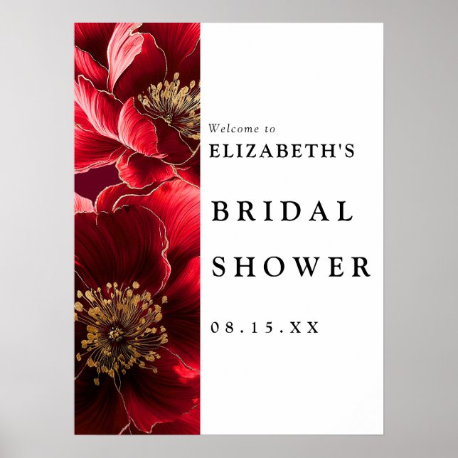 Burgundy Modern Floral Bridal Shower Welcome Sign (Front)