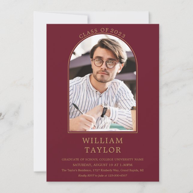 Burgundy Modern Gold Arch Photo Graduation Party I Invitation (Front)