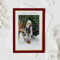Burgundy Modern Gold Foil Frame Photo Christmas