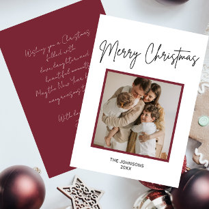 Burgundy Modern Handwritten Merry Christmas Photo Holiday Card