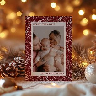Burgundy Modern Holly and Leaves Artwork Frame Holiday Card
