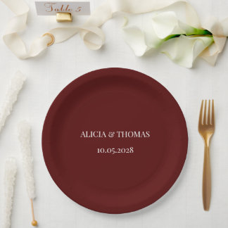 Burgundy Modern Initials Minimalist Wedding Paper Plate