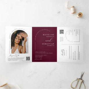 Burgundy Modern Minimal Arch Photo QR Code Wedding Tri-Fold Invitation