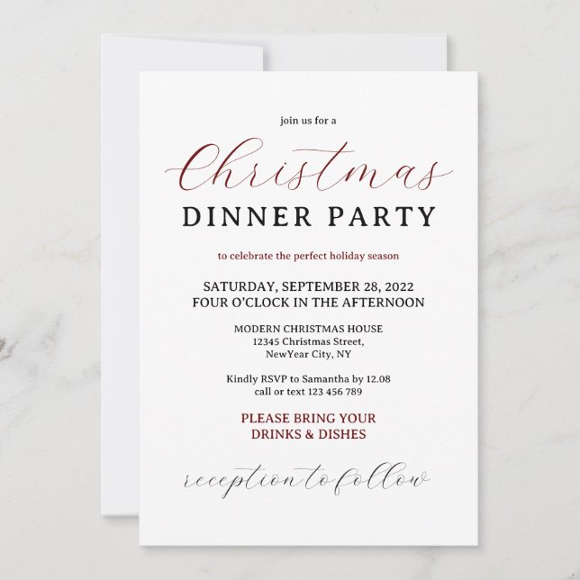 Burgundy Modern Minimal Christmas Dinner Party Invitation (Front)