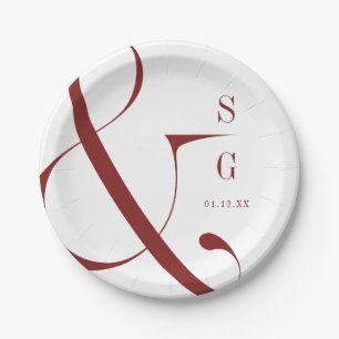 Burgundy modern minimalist couples monogram paper plate