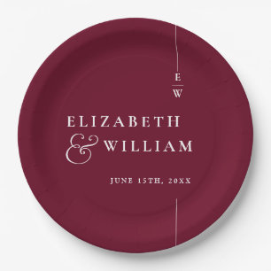 Burgundy Modern Minimalist Monogram Wedding Paper Plate