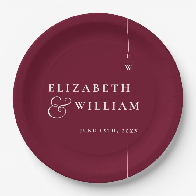 Burgundy Modern Minimalist Monogram Wedding Paper Plate (Front)