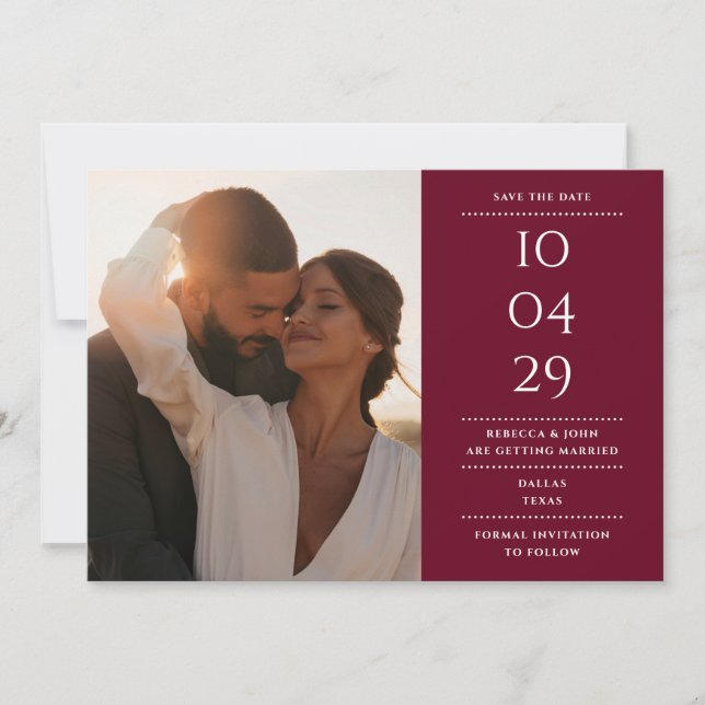 Burgundy Modern Minimalist Wedding Photo Save The Date (Front)