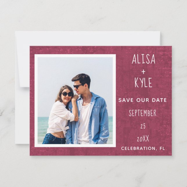 Burgundy Modern Photo Save the Date (Front)