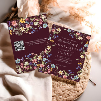 Burgundy Modern QR Code Wildflower Wedding  Invitation