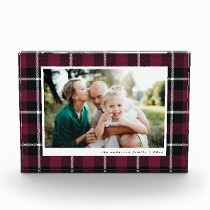 Burgundy modern rustic tartan check family photo block