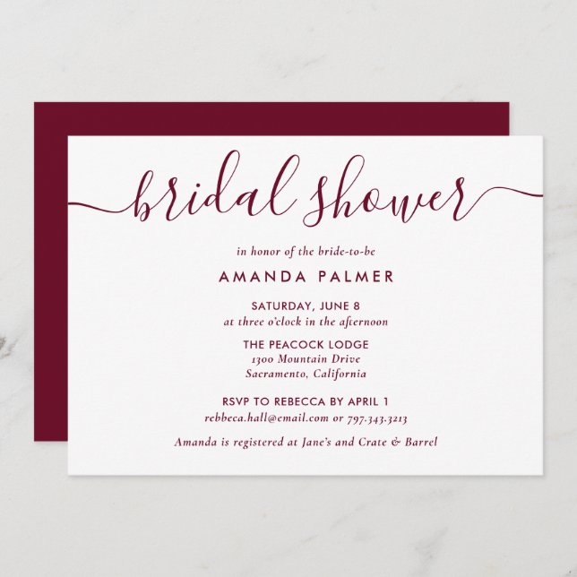 Burgundy Modern Script Bridal Shower Invitation (Front/Back)