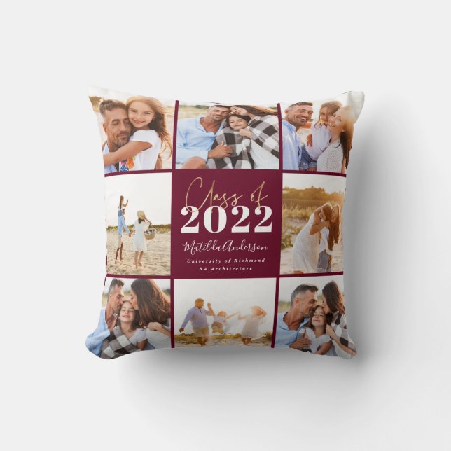 burgundy modern script grad photo class of 2022 cushion (Front)