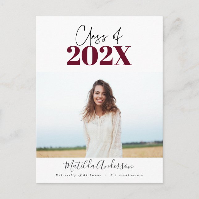 burgundy modern script grad photo class of 2022 postcard (Front)