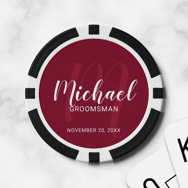 Burgundy Modern Script Personalised Groomsmen Poker Chips (Creator Uploaded)