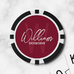 Burgundy Modern Script Personalised Groomsmen Poker Chips<br><div class="desc">Modern Minimalist Personalised Monogram and Name Gifts This design features personalised name in white modern handwriting script font style and monogram in light burgundy red modern sans serif font style as background, with title in white modern sans serif font style, on burgundy red background. Also perfect for best man, maid...</div>
