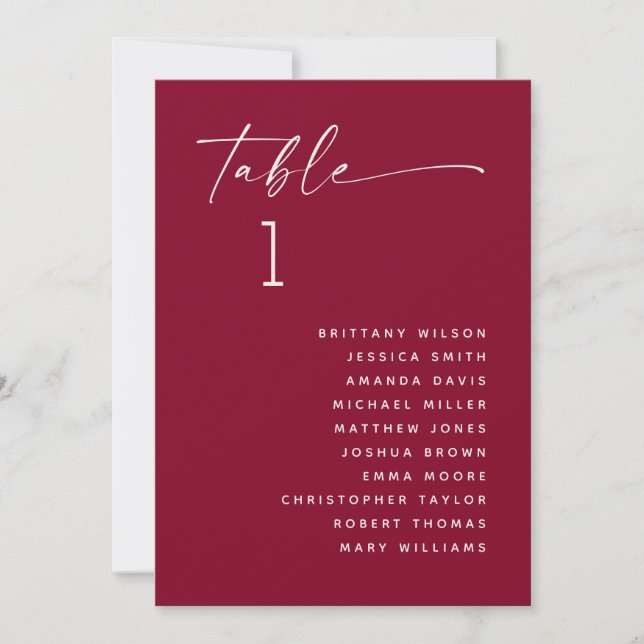 Burgundy Modern Script Wedding Table Seating Chart Invitation (Front)