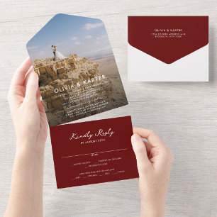 Burgundy Modern Simple Bold Romantic Photo Wedding All In One Invitation
