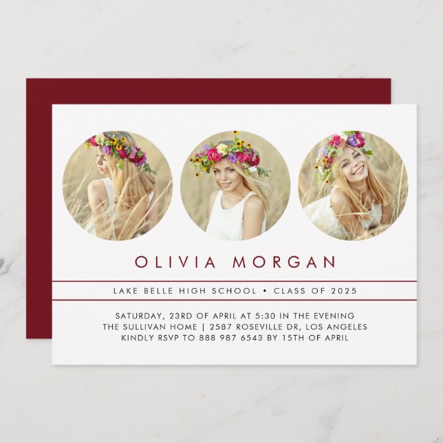Burgundy Modern Three Photo Collage Graduation Invitation (Front/Back)