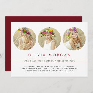 Burgundy Modern Three Photo Collage Graduation Invitation