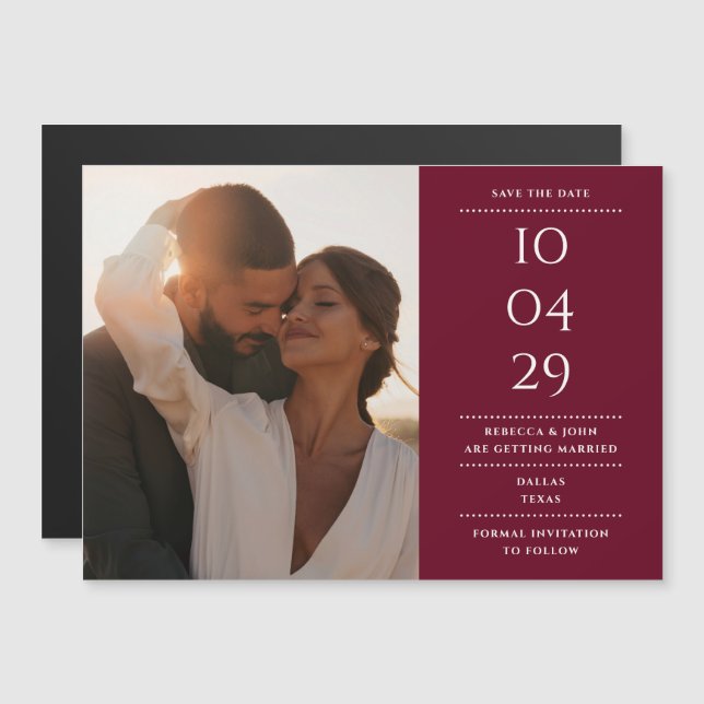 Burgundy Modern Wedding Photo Save The Date Magnetic Invitation (Front/Back)
