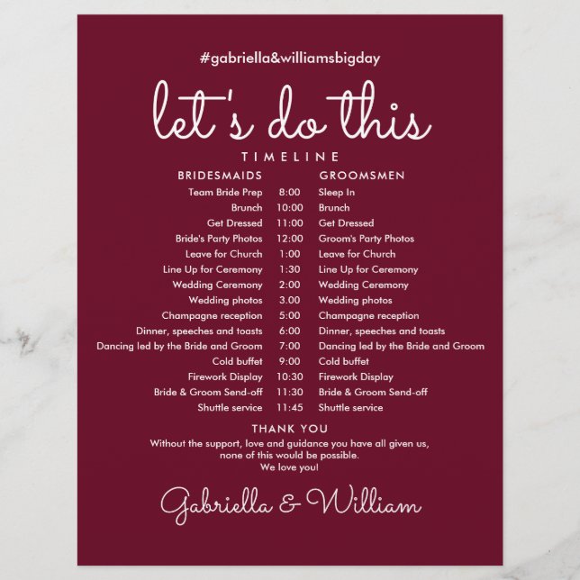 Burgundy Modern Wedding Schedule Timeline (Front)