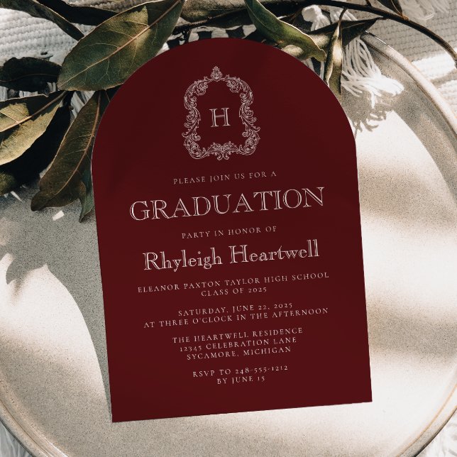 Burgundy Monogram Crest Arch Graduation Party Invitation (Creator Uploaded)
