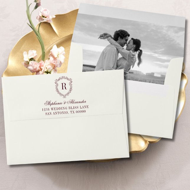 Burgundy Monogram Crest Old Money Photo Wedding Envelope (Creator Uploaded)