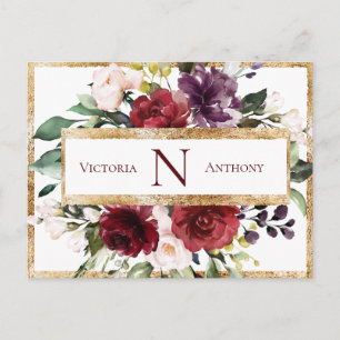 Burgundy Monogram Floral Gold Thank You Postcard