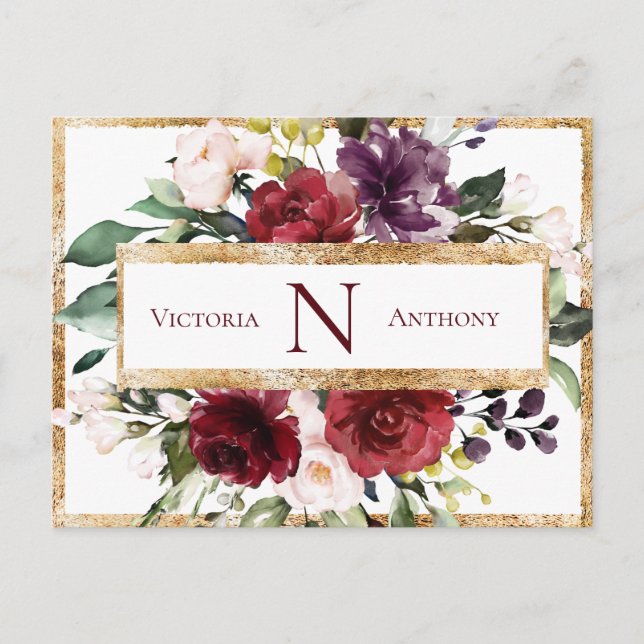 Burgundy Monogram Floral Gold Thank You Postcard (Front)