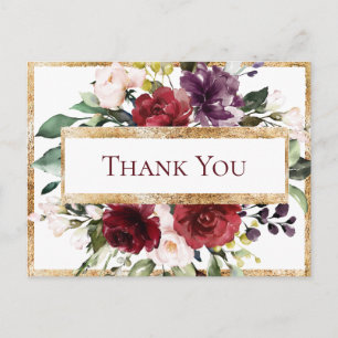 Burgundy Monogram Floral Gold Thank You Postcard