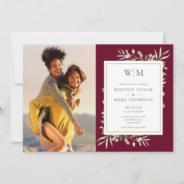 Burgundy Monogram Greenery Photo Wedding Invitation (Front)
