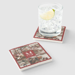 Burgundy Monogram Initial Family Name &  Photo Stone Coaster
