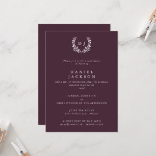 Burgundy Monogram Laurel Wreath Graduation Invitation