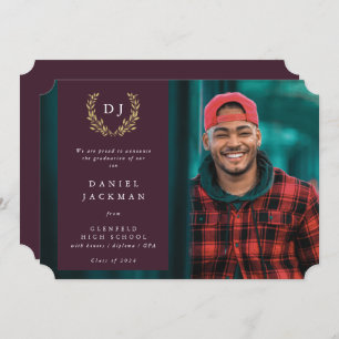 Burgundy Monogram Laurel Wreath Graduation Photo Announcement