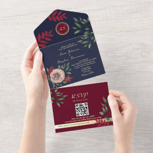 Burgundy Monogram QR Code Wedding All In One Invitation
