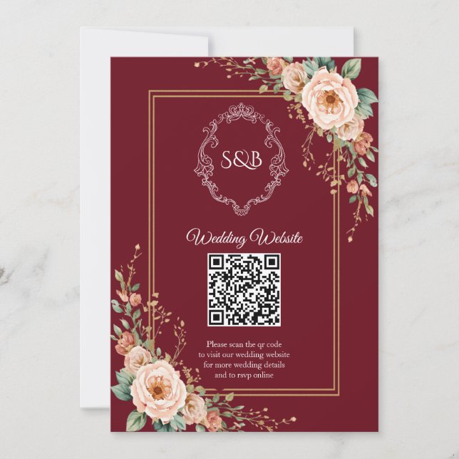 Burgundy Monogram QR Code Wedding Enclosure Card (Front)