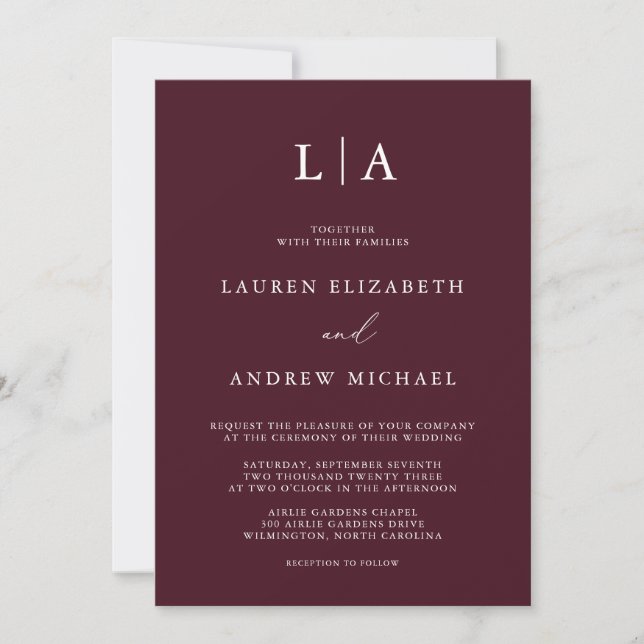 Burgundy Monogram Simple Minimalist Wedding Invita Invitation (Front)
